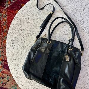 Vintage Badgley Mischka Black Leather with Fur Accent Bag ft Gold Hardware